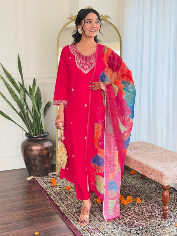 Sakhitrends Women's Viscose Chanderi Stylish Rani . Colour Embroidery Kurti with Palazzo and Dupatta Set Readymade Suit