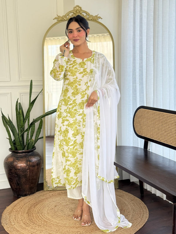 SakhiTrends Women Georgette  Printed Kurta With  Chanderi silk Pent Set