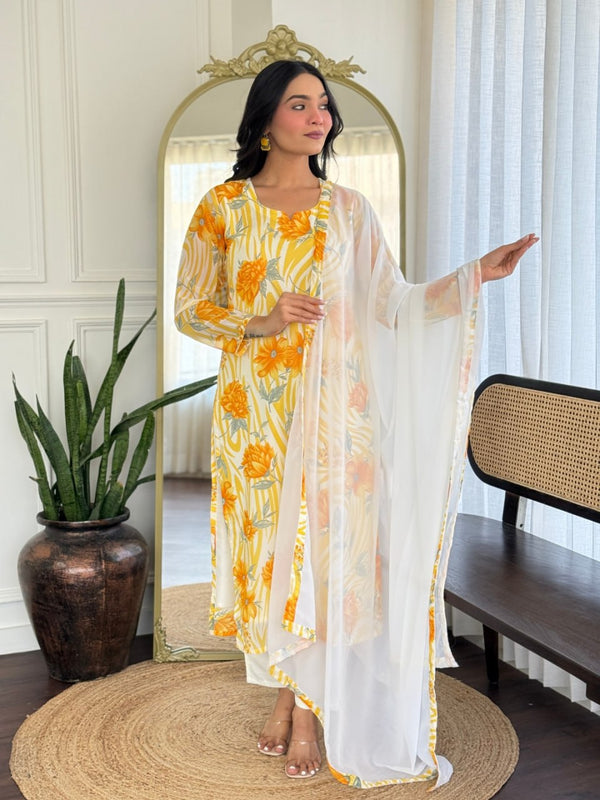 SakhiTrends Wome White Multi Colour n Georgette  Printed Kurta With  Chanderi silk Pent Set