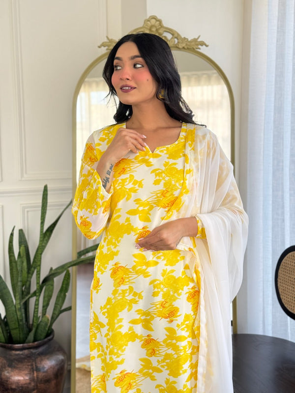 SakhiTrends Women White With Multi Colour Georgette  Printed Kurta With  Chanderi silk Pent Set