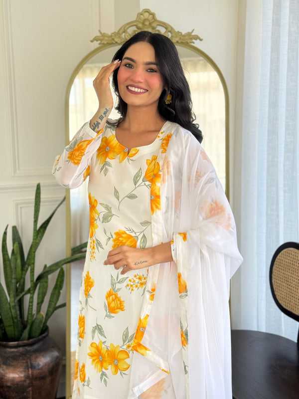 SakhiTrends Women White With Multi Colour Georgette  Printed Kurta With  Chanderi silk Pent Set