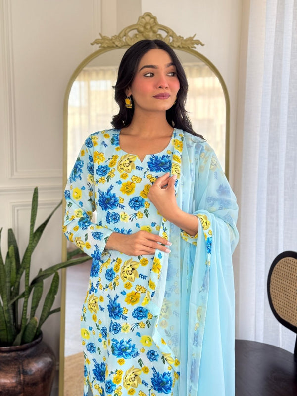 SakhiTrends Women Multi Colour Georgette  Printed Kurta With  Chanderi silk Pent Set