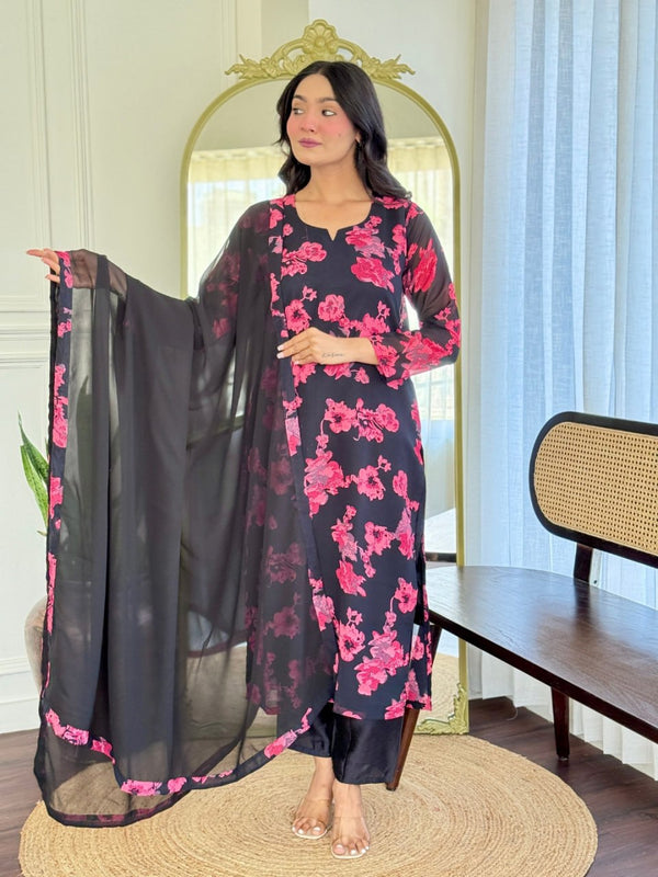 SakhiTrends Women Multi Colour Georgette  Printed Kurta With  Chanderi silk Pent Set