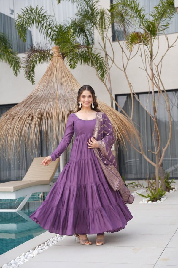SakhiTrends Lavender Roman Silk Chanderi Fabric Fully Flair Anarkali With Dupatta set Pent Ready to Wear