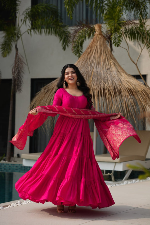 SakhiTrends Rani colour Pure Romansilk Chanderi Fabric Fully Flair Anarkali suit set with dupatta