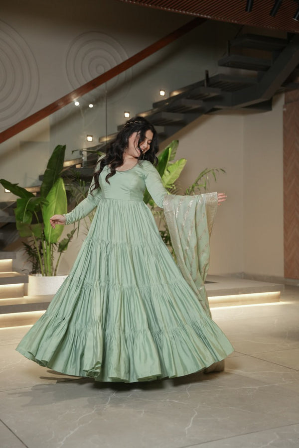SakhiTrends Pure Romansilk Chanderi Fabric Fully Flair Anarkali With Duppta Set , Pent Ready to wear