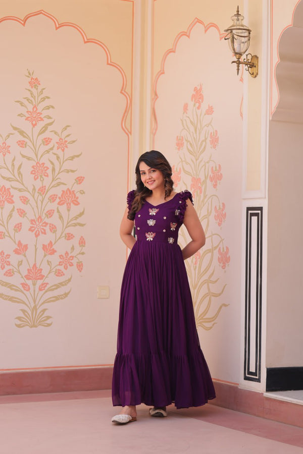 Red Beads Work Organza Purple colour Event Wear Gown