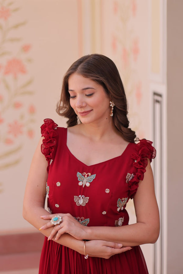 Red Beads Work Organza Maroon colour Event Wear Gown