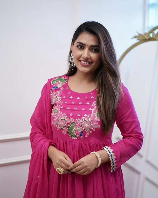 Latest And Trending Pink colour Kurti Duppata Set With Embroidered Work