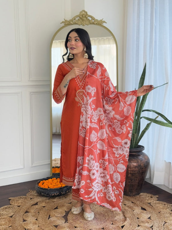 SakhiTrends Women Embroidery Orange Kurta With Viscose Rayon Pant With Teby Dupatta