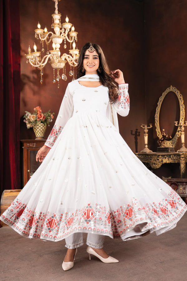 White Designer Anarkali suit Set With High Quality Embroidery Work