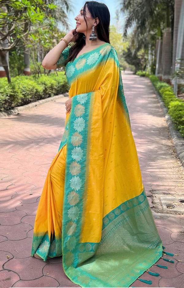 Gold Banarasi Silk Saree with Sky Blue Border – Traditional Wedding & Festive Wear